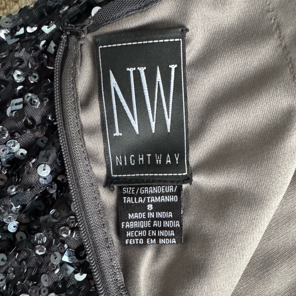 Nightway Sequined Halter Formal Gown Charcoal Gray Mesh Maxi Prom Dress 8 - Picture 4 of 14